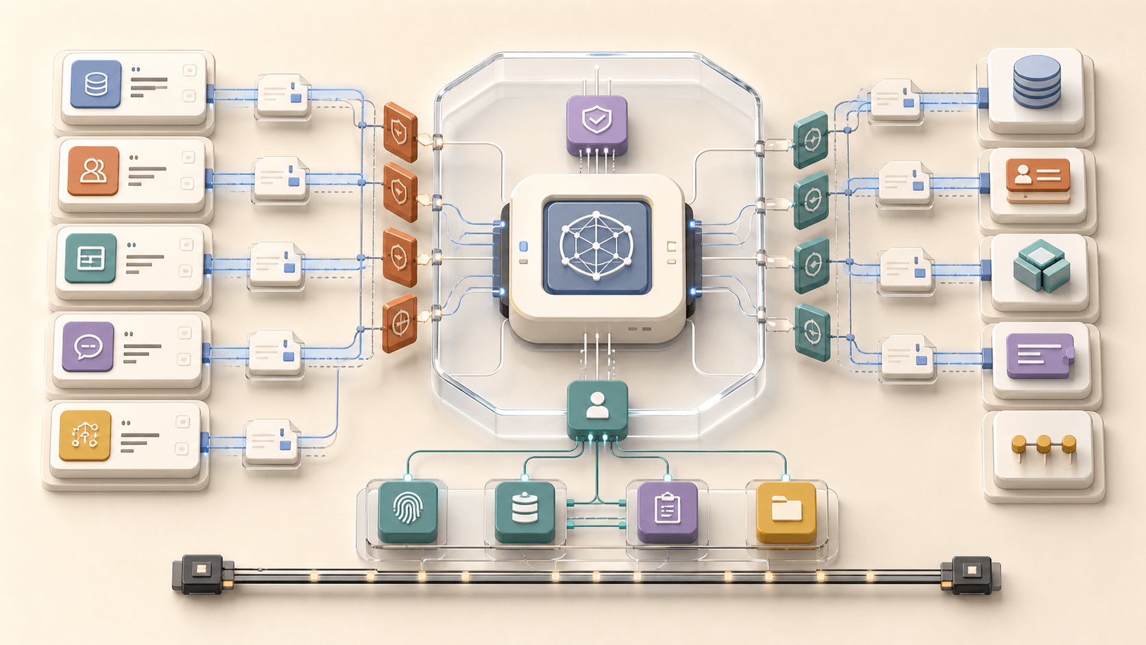 Abstract ContextOS Tool Gateway visual showing typed envelopes, approval gates, identity rails, trace rails, and enterprise adapters.