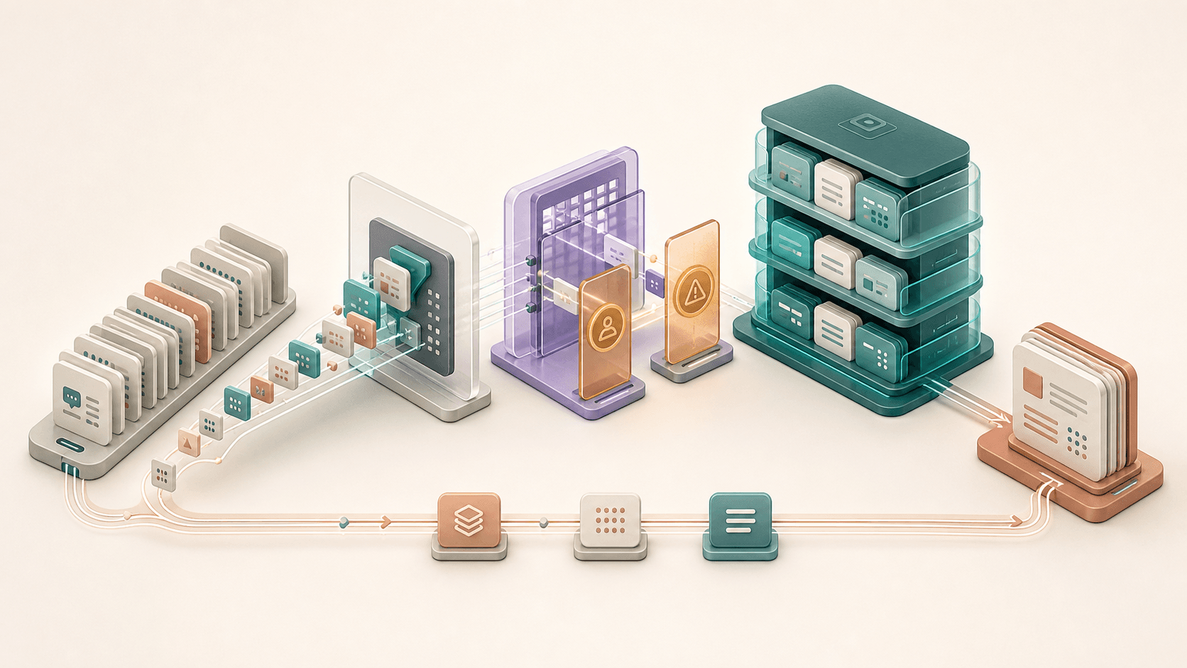 Abstract promotion-aware memory pipeline showing captured events, candidate extraction, review gates, tiered stores, and compiled context return flow.