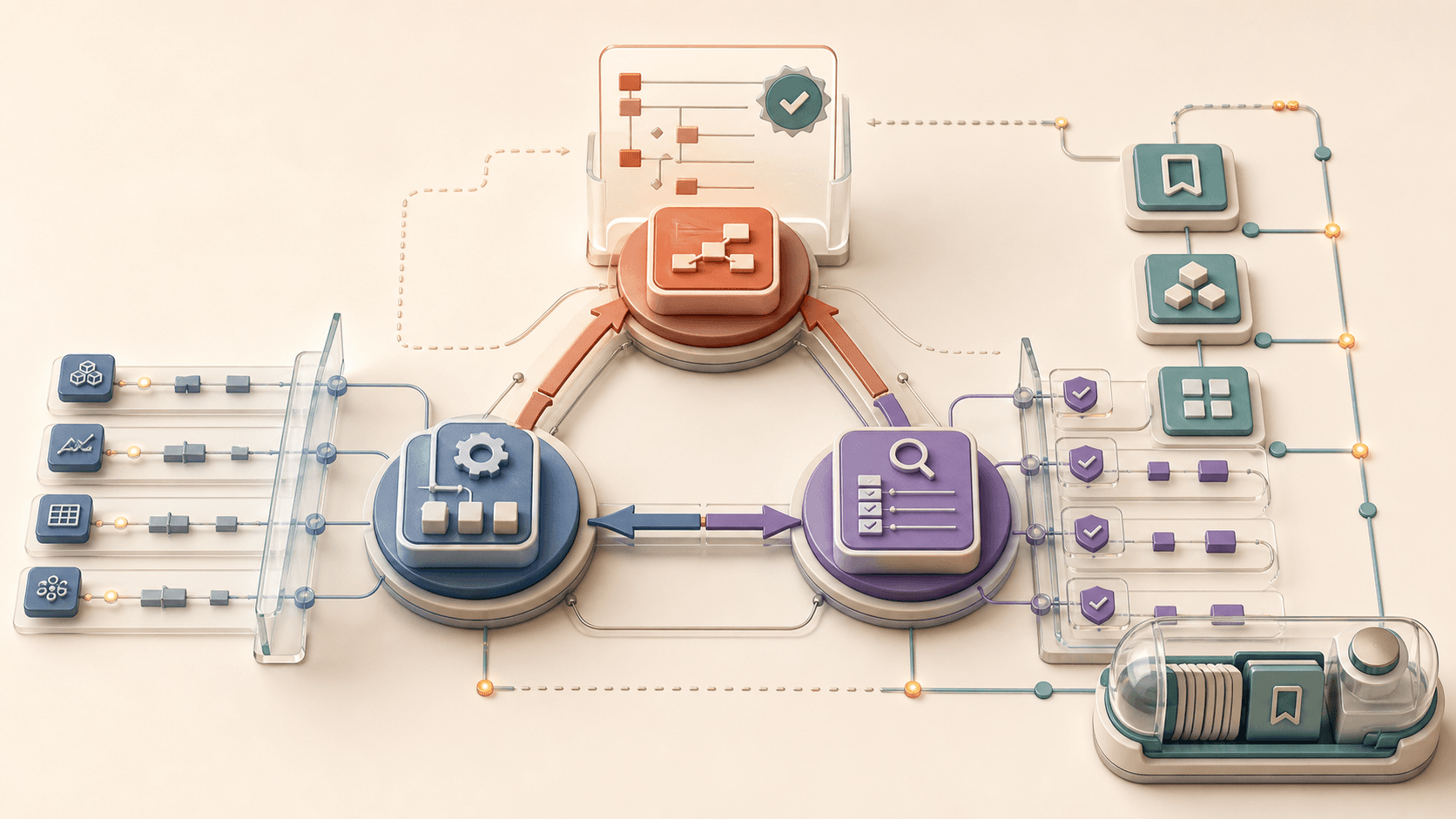 Abstract bounded orchestration visual showing planner, executor, critic checkpoints, subagent lanes, and replayable session state.