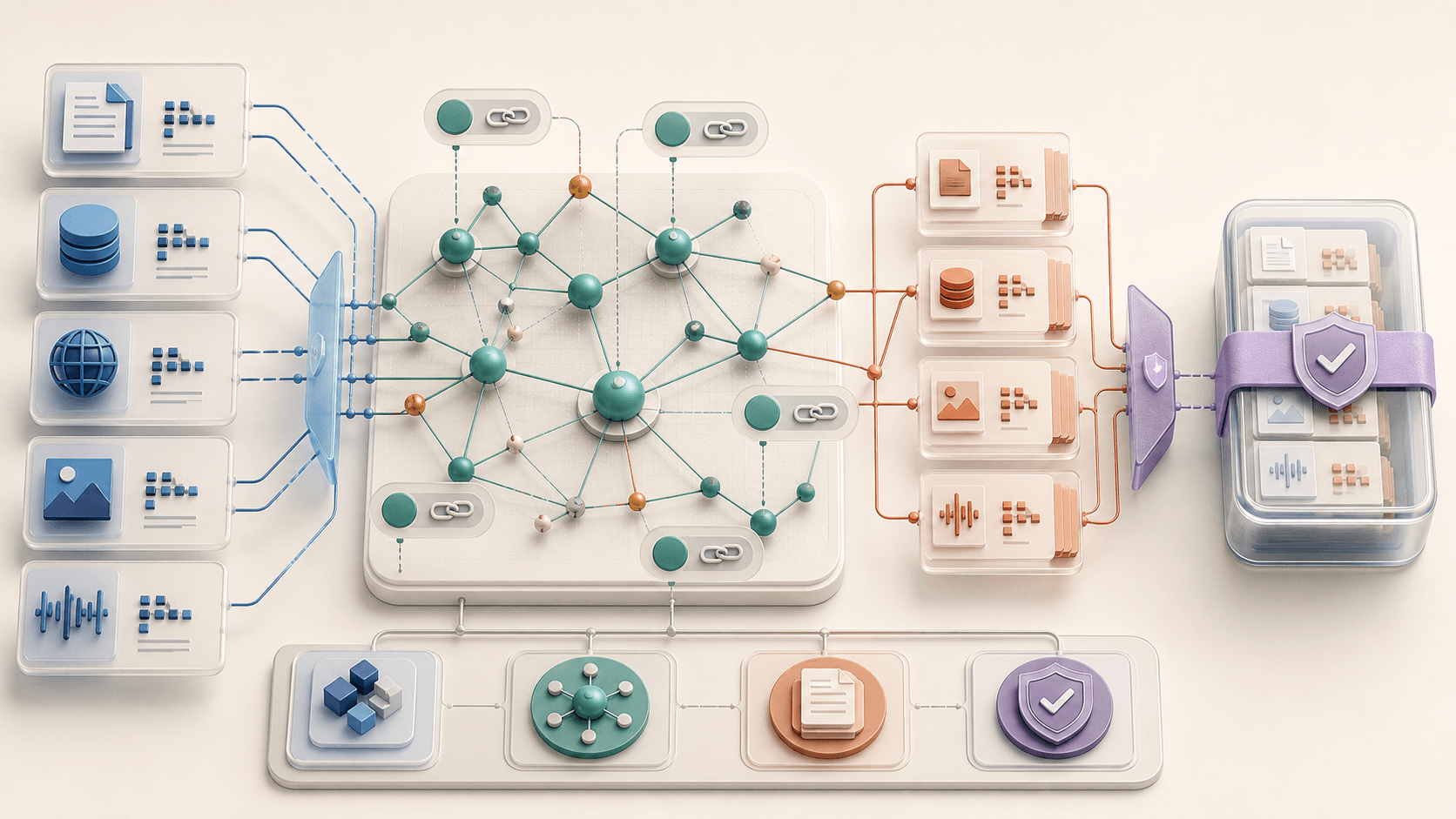 Abstract ContextOS knowledge grounding visual showing source records, identity handles, a knowledge graph, evidence references, validation, and a pinned bundle.